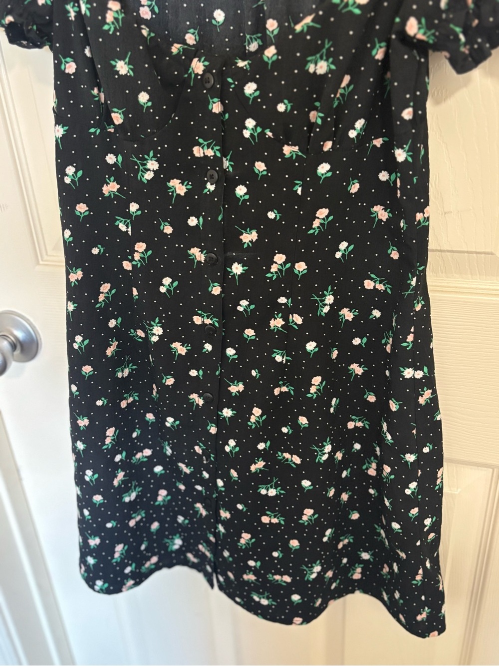 H&M Divided Black Floral Puff Sleeve Mini Dress Spring Brunch Garden Party Style - Picture 3 of 7